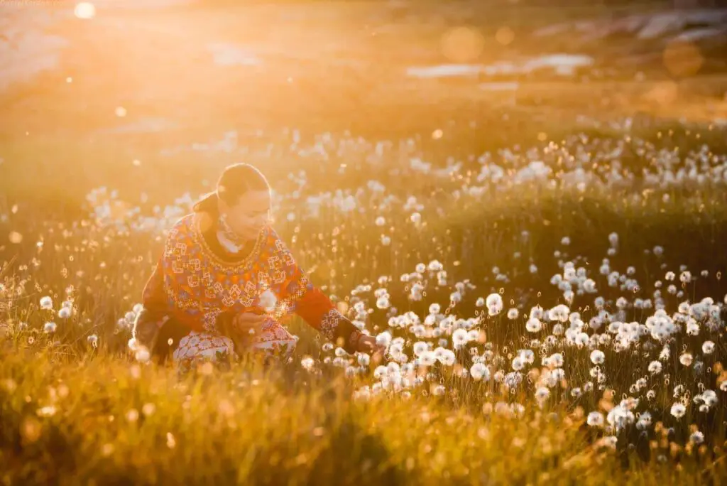 Greenlandic girl picking flowers