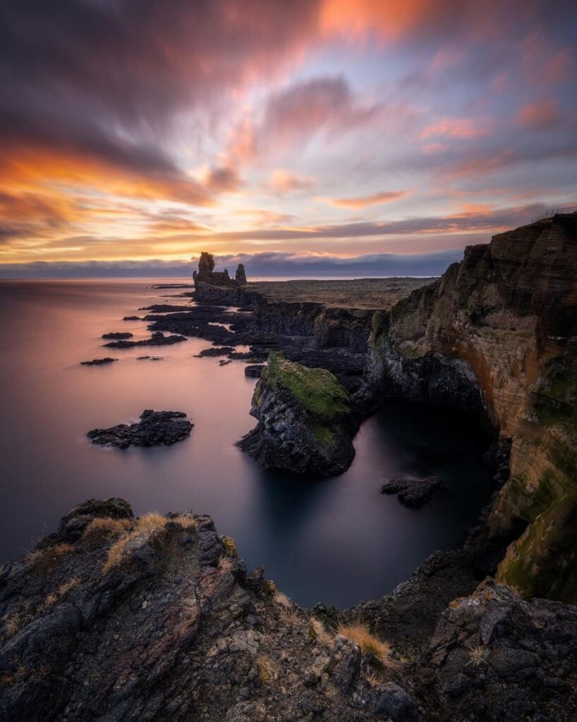 Sunset at Londranger sea stacks in Iceland