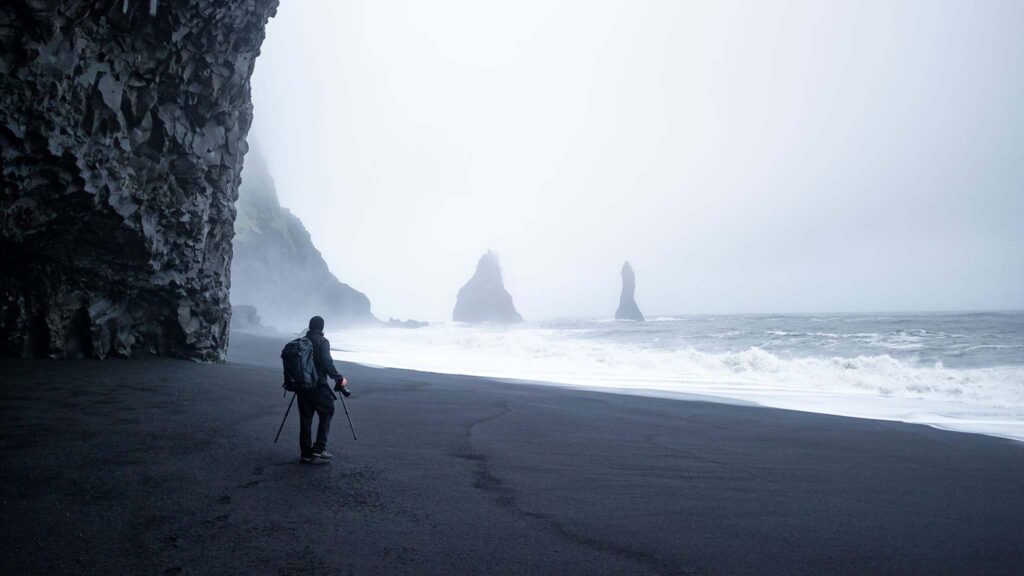 Misty day at Reynisfjara Sea Stacks in Iceland