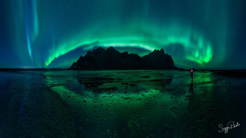 Northern Lights over Vestrahorn in Iceland