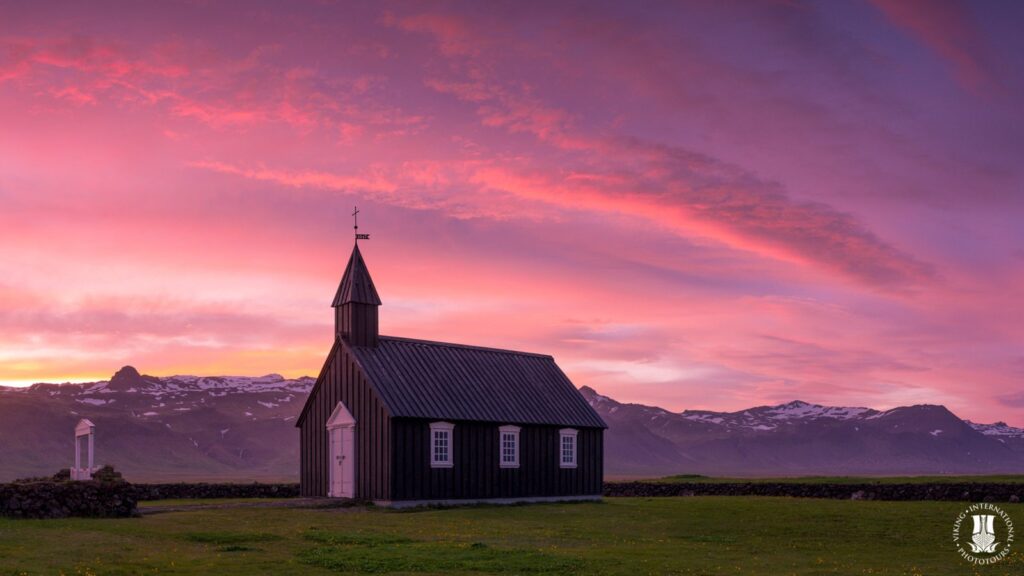 Golden hour at Budir black church on Snaefellsnes Peninsula in Iceland