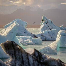 Sunset over floating icebergs in Glacier Lagoon Iceland